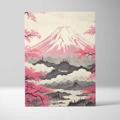 Pink mount fuji canvas wall art with stylized watercolor mountain and pink cherry blossoms in japanese landscape style