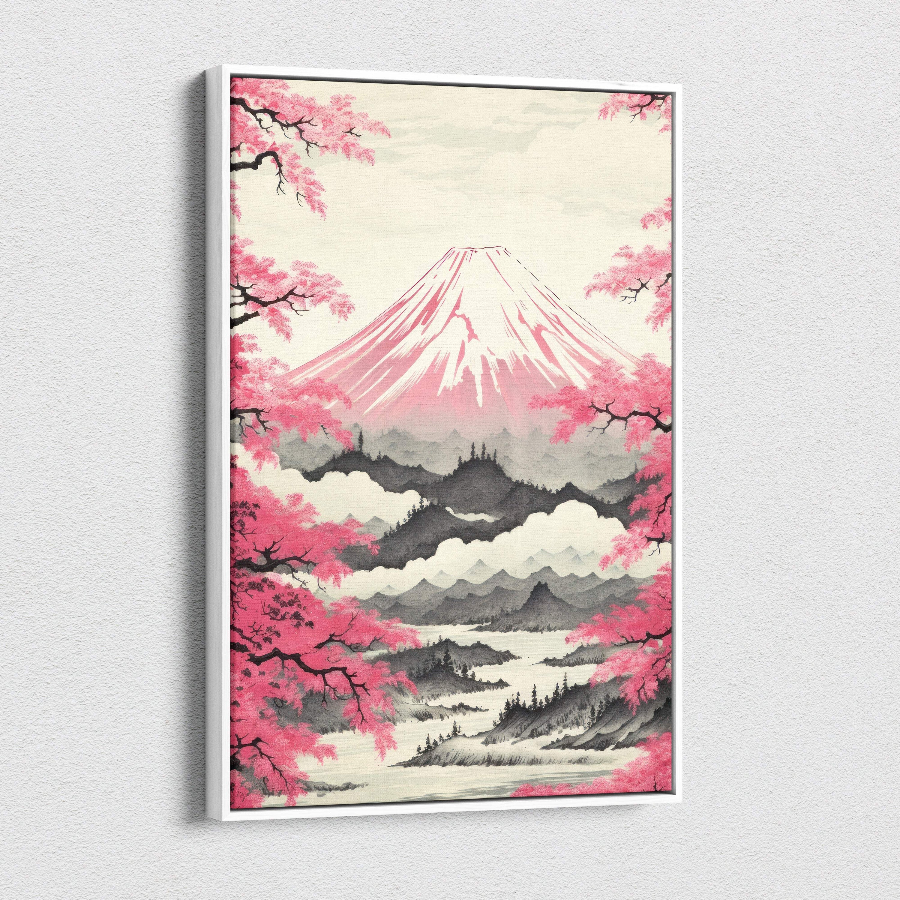 A framed canvas print of pink mount fuji with vibrant cherry blossoms and black and white layered mountain ranges