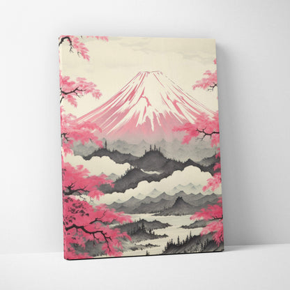 Pink mount fuji canvas wall art with pink cherry blossoms in soft watercolor tones on cream background for zen decor