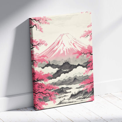 Pink mount fuji canvas wall art with vibrant cherry blossoms and grayscale layered mountains in japanese landscape style