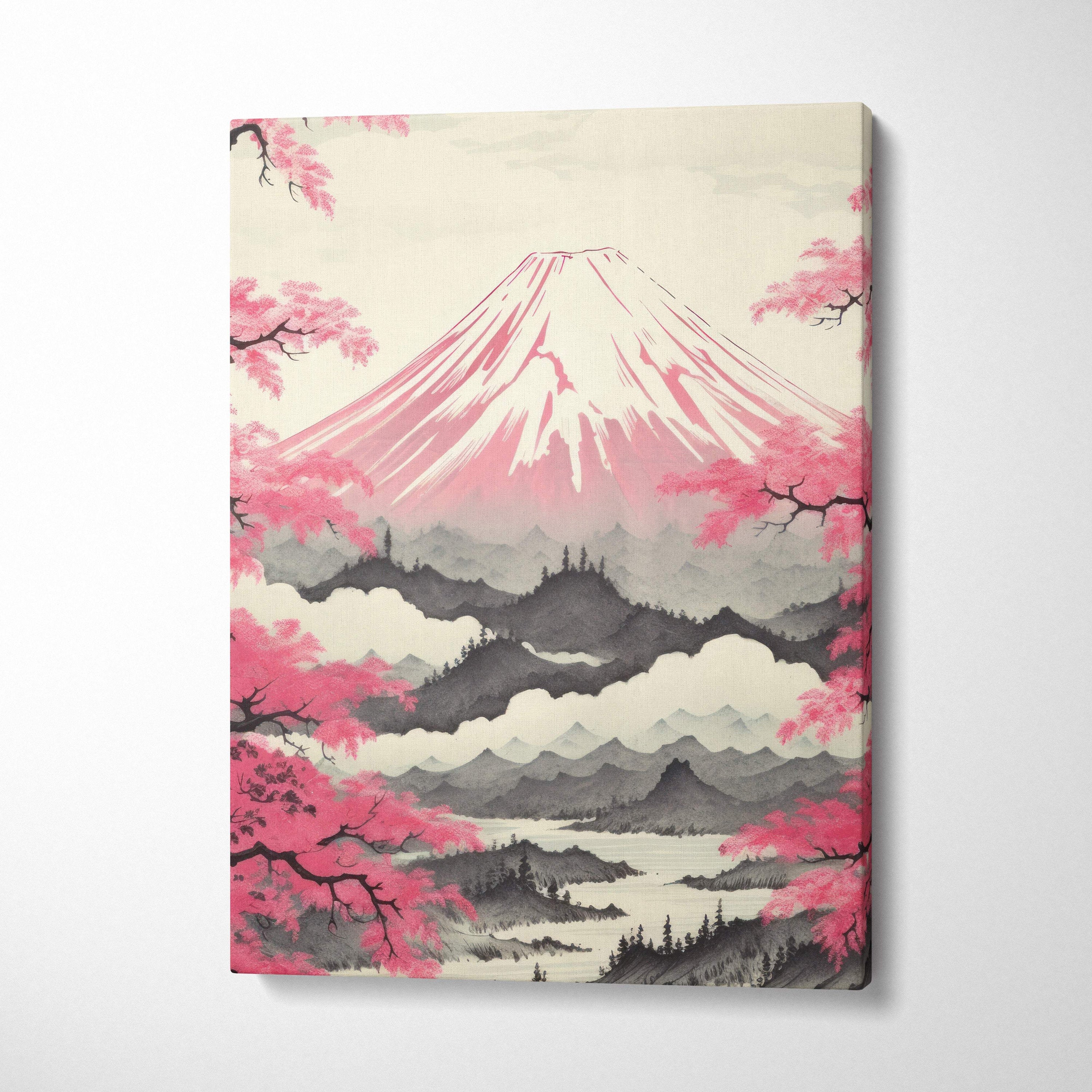 Pink mount fuji canvas wall art with stylized watercolor mountain lake and pink cherry blossoms in japanese painting style