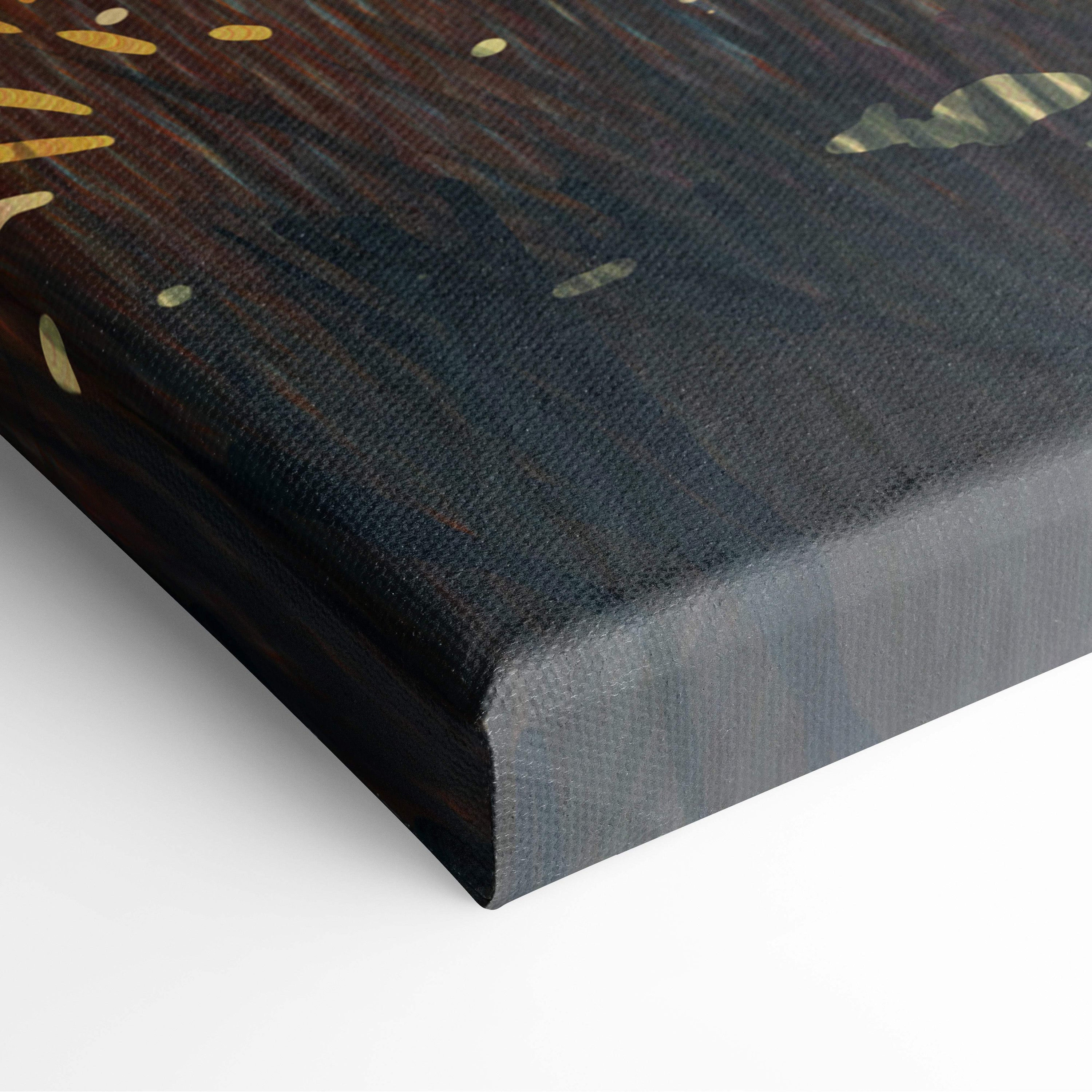 Dark canvas print featuring abstract gold leaf patterns inspired by surreal ruined landscapes for sci-fi wall art