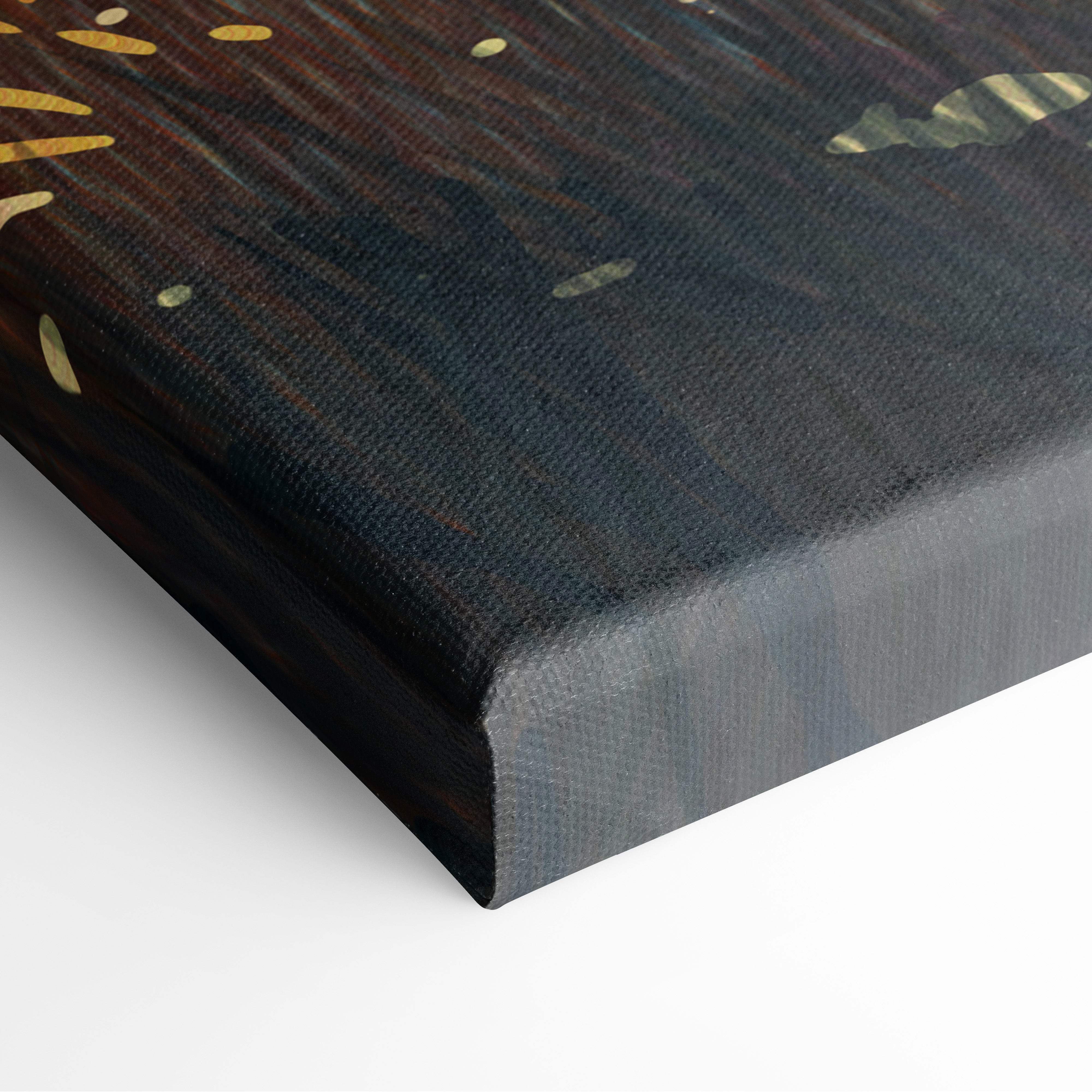 Dark canvas print featuring abstract gold leaf patterns inspired by surreal ruined landscapes for sci-fi wall art