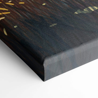 Dark canvas print featuring abstract gold leaf patterns inspired by surreal ruined landscapes for sci-fi wall art