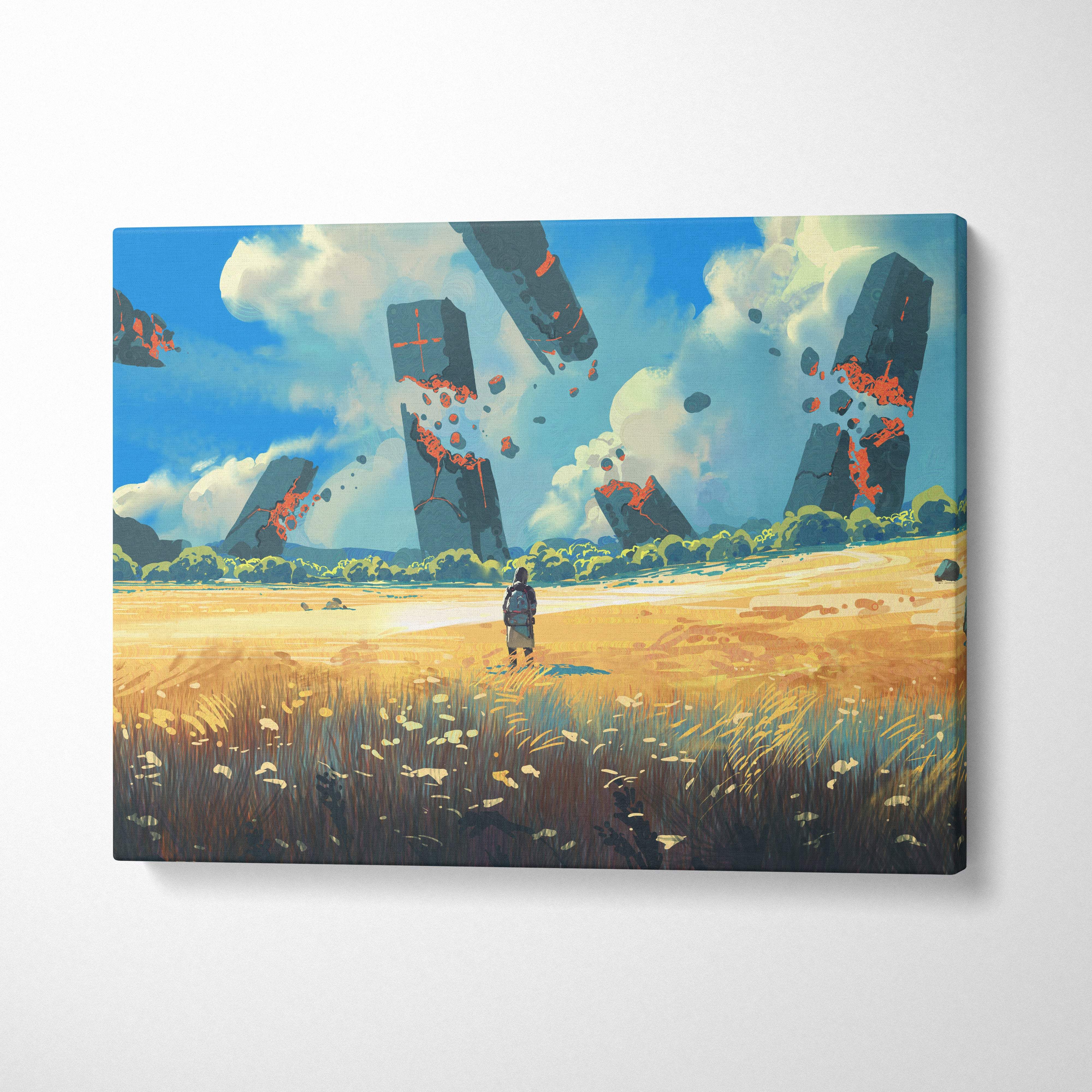 Rectangular canvas print of surreal landscape with crumbling stone structures floating monoliths and golden field