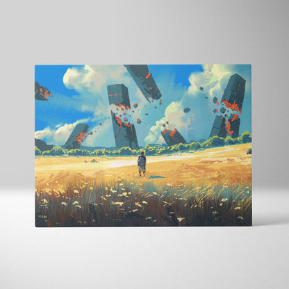 Rectangular canvas print of lone traveler in a golden field with towering crumbling stone monoliths under blue sky