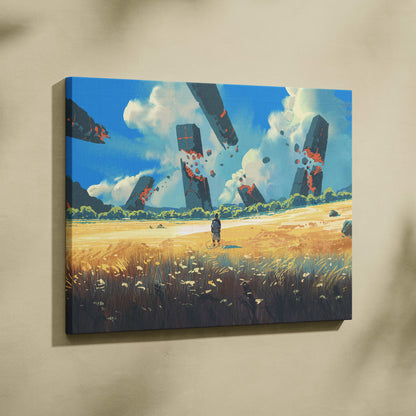 A rectangular canvas print of a lone figure in a golden field with towering crumbling monoliths under a bright blue sky