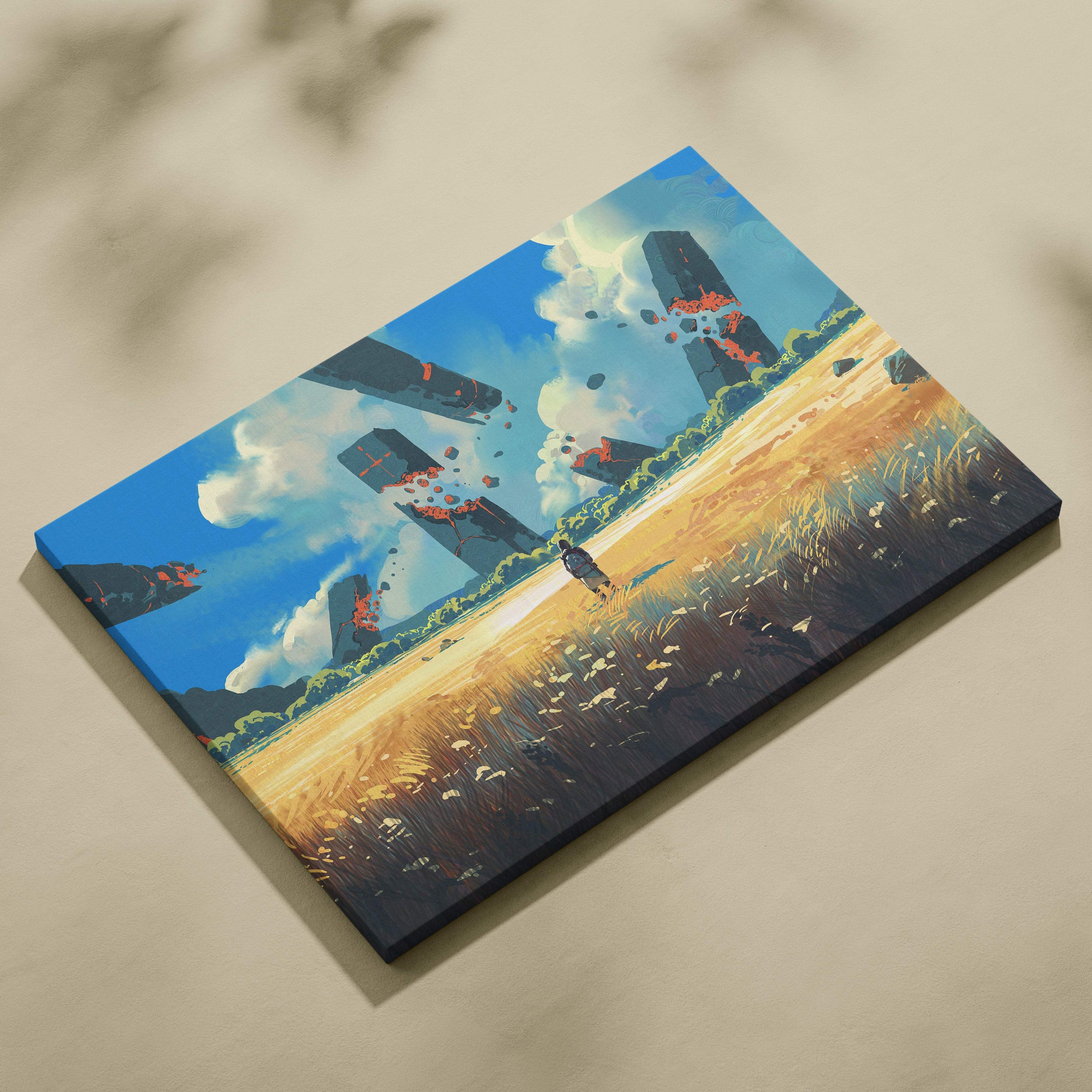 Rectangular canvas print of surreal landscape with floating crumbling skyscrapers over golden field and bright blue sky