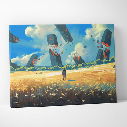 Rectangular canvas print of a lone traveler in a golden field with surreal floating monoliths and cracked stone giants