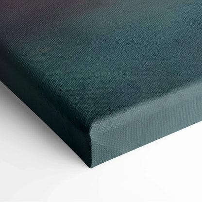 Canvas wall art corner showing textured watercolor sunset design in deep blue and green tones.