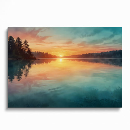 Watercolor sunset nature poster with vibrant orange and blue sky reflecting on calm lake wall art.