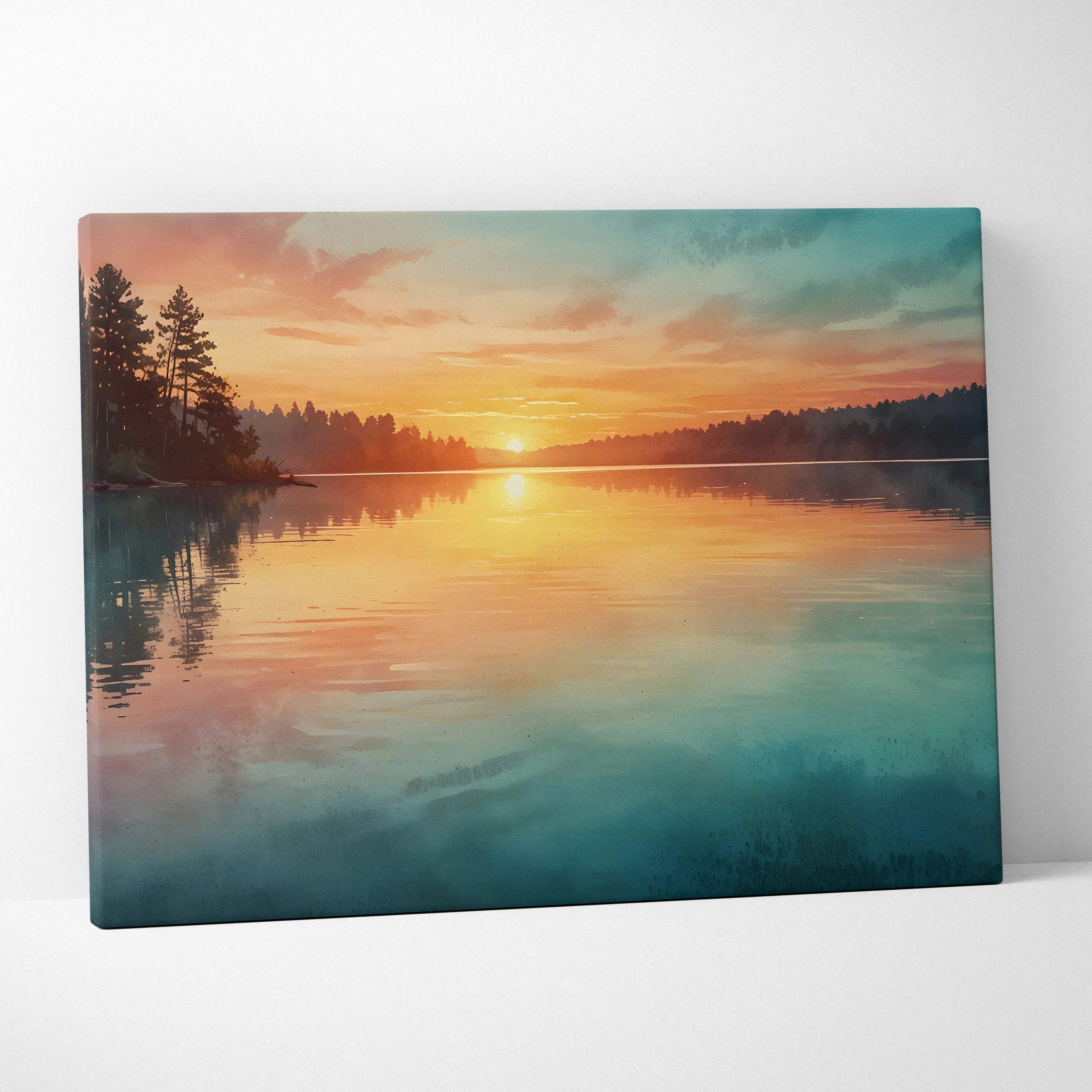 Watercolor sunset canvas wall art with vibrant orange and blue tones over a calm reflective lake.