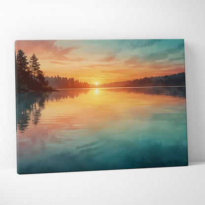 Watercolor sunset canvas wall art with vibrant orange and blue tones over a calm reflective lake.