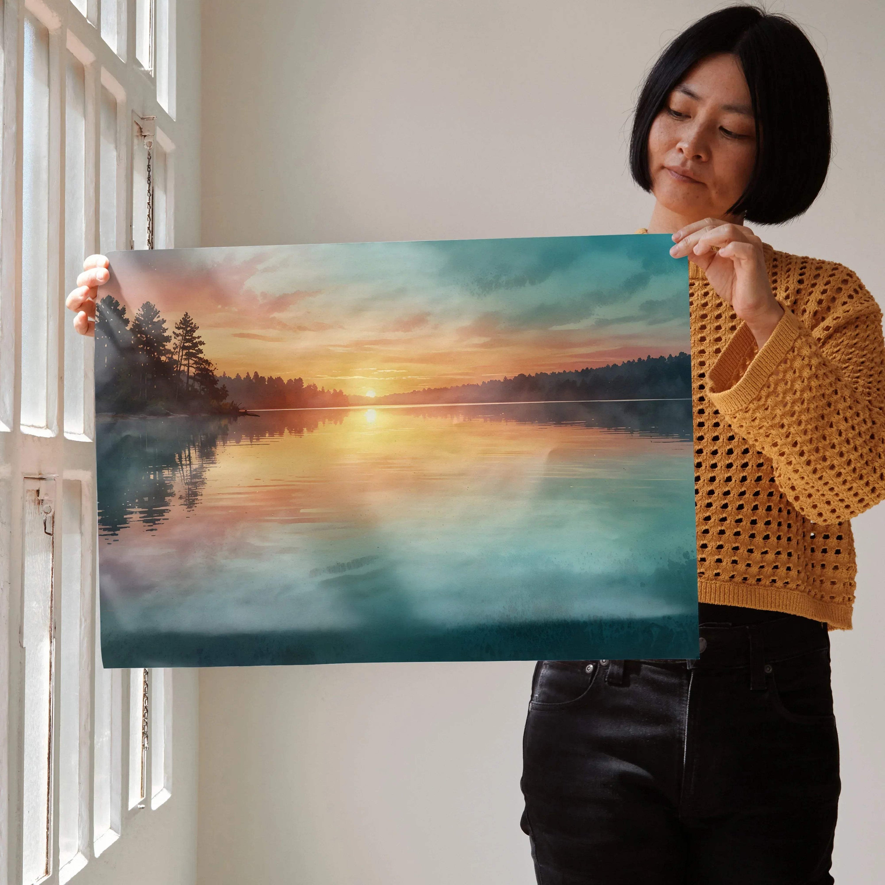 Watercolor sunset nature wall art poster with vibrant sun reflecting on calm lake and forest silhouette.
