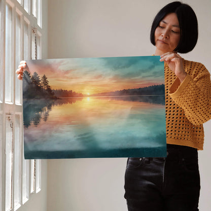 Watercolor sunset nature wall art poster with vibrant sun reflecting on calm lake and forest silhouette.