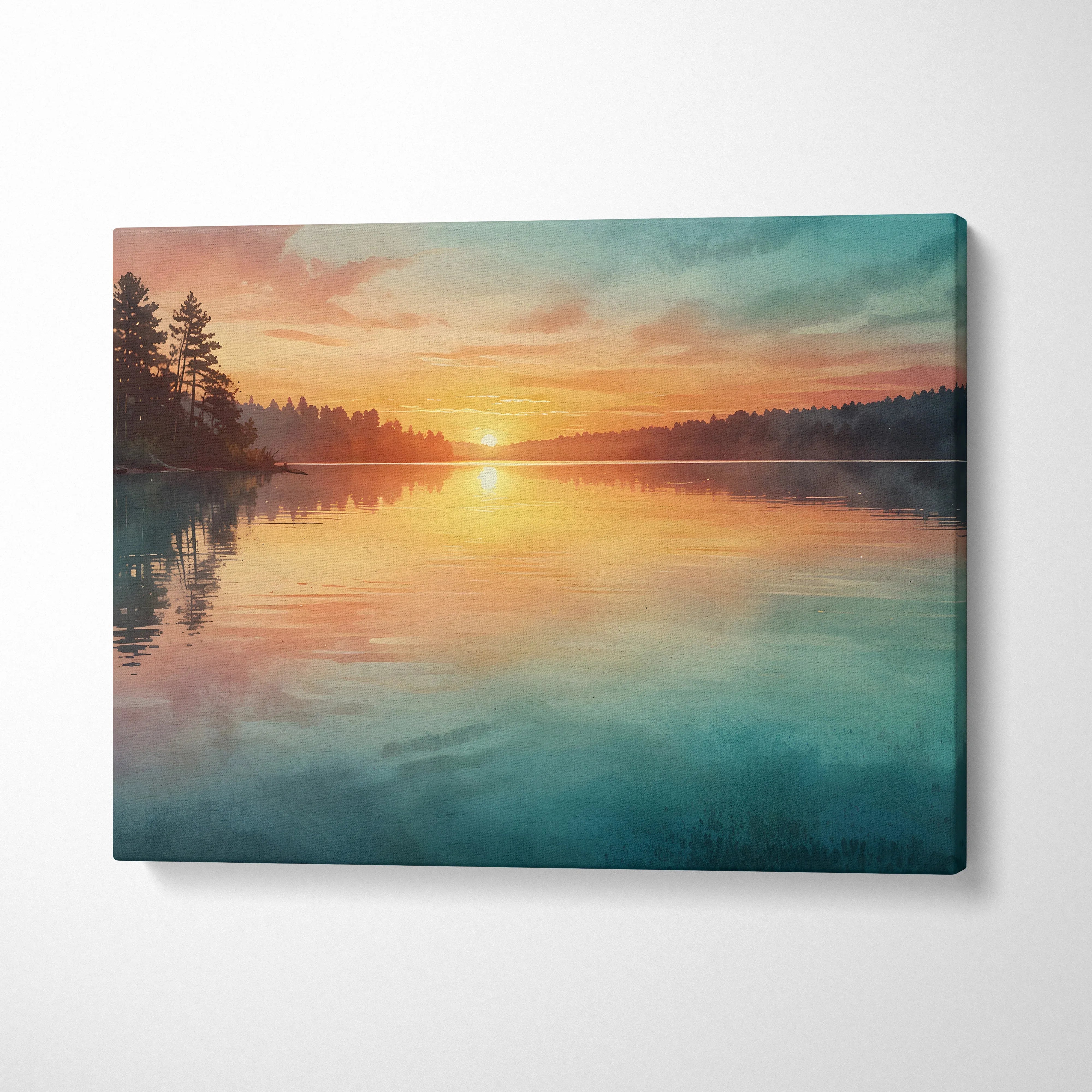 Watercolor sunset canvas wall art featuring vibrant orange sun over calm lake and silhouetted trees.