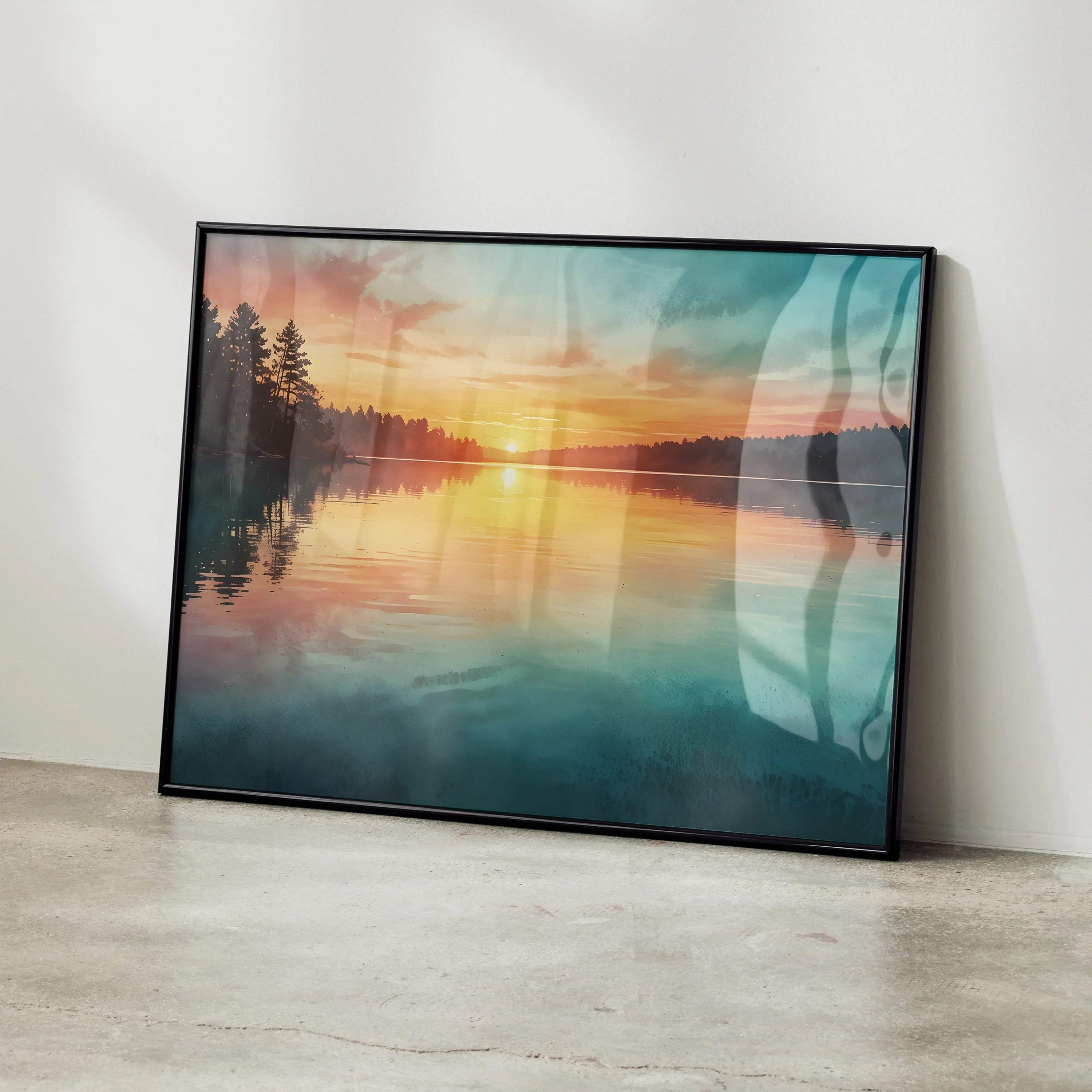 Watercolor sunset nature wall art poster with lake and trees in soft warm tones.