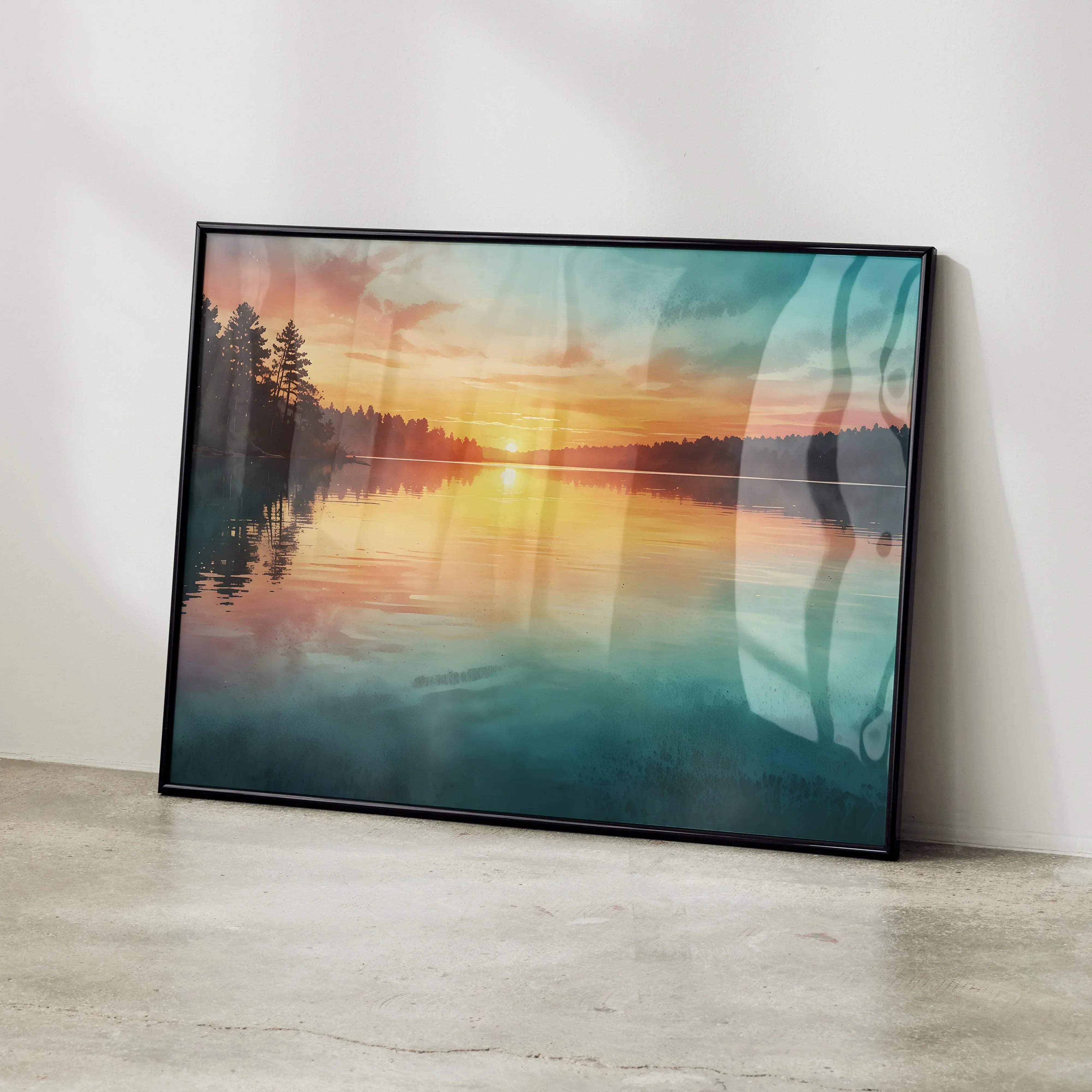 Black-framed landscape print of a stunning watercolor styled sunset with vibrant orange yellow and teal hues over water