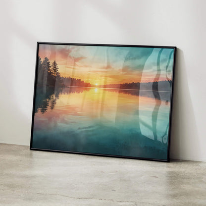 Watercolor sunset nature wall art poster with lake and trees in soft warm tones.
