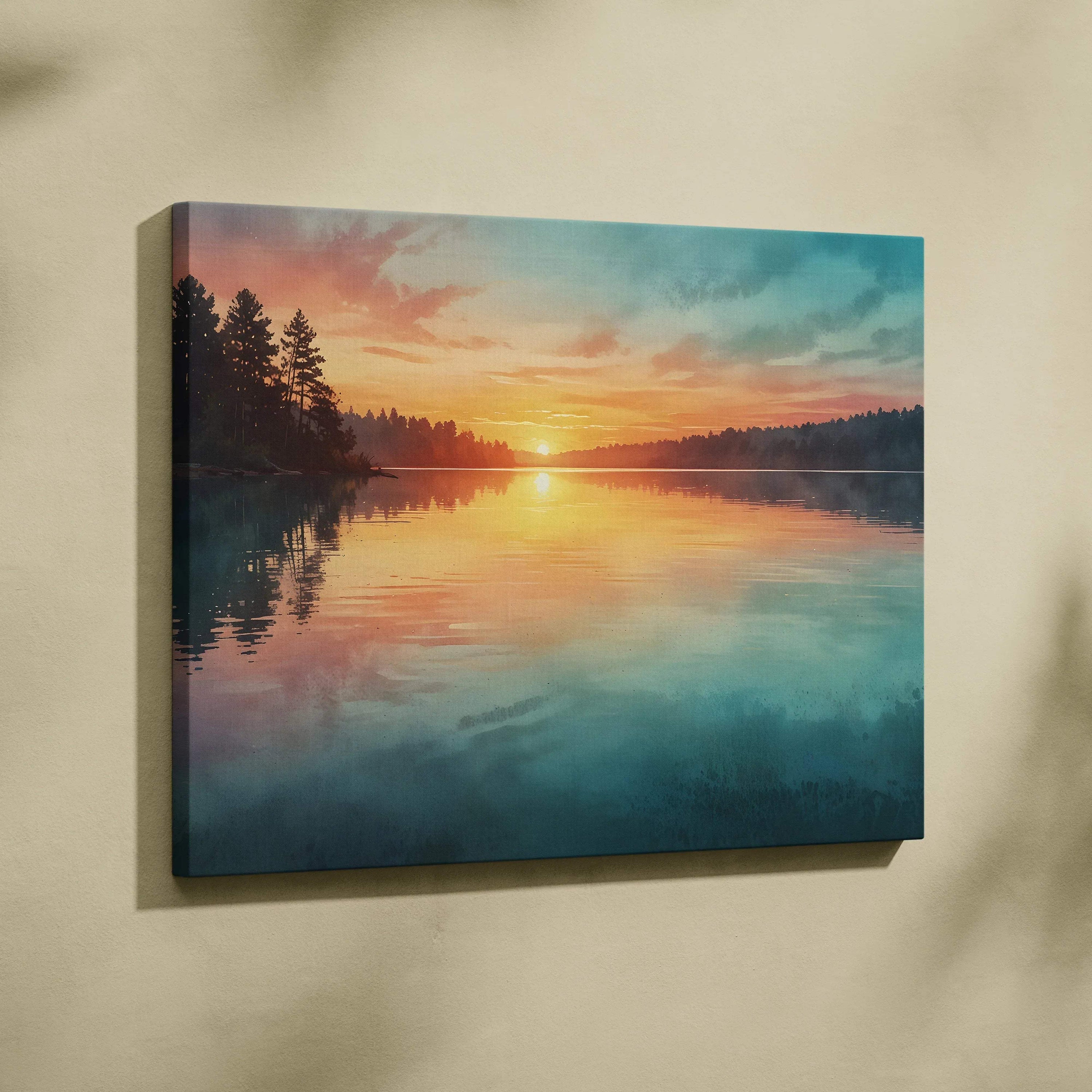 Watercolor sunset canvas wall art with vibrant orange, pink, and blue hues over a calm lake and silhouetted trees.