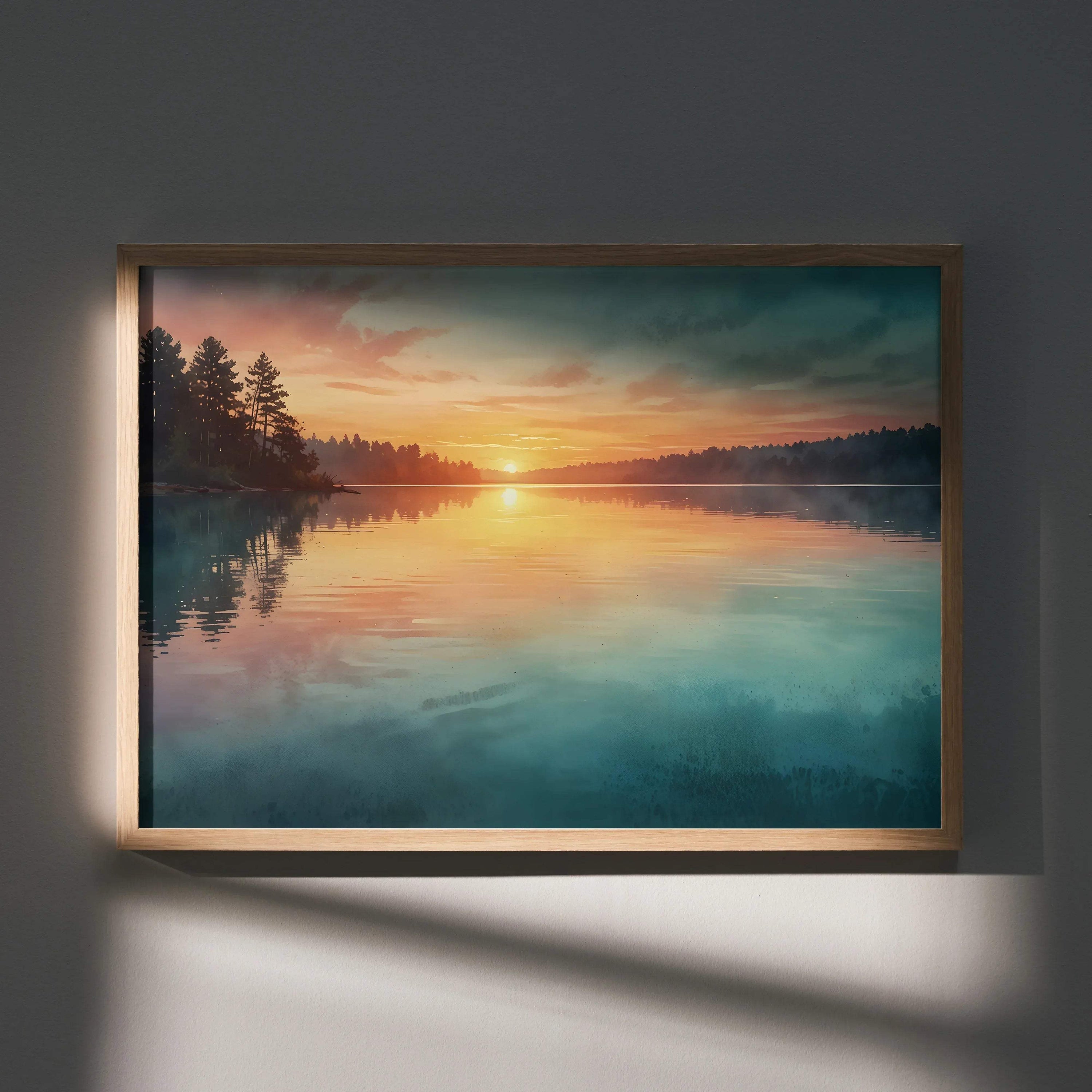 Watercolor sunset nature wall art poster featuring vibrant orange sun reflecting on calm lake with silhouetted trees and.