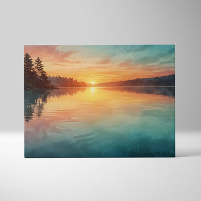 Watercolor sunset canvas wall art with warm orange and cool blue tones reflecting on a lake.