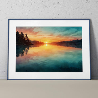 Framed watercolor poster of a vibrant sunset reflecting on a tranquil lake with silhouetted trees, nature wall art.