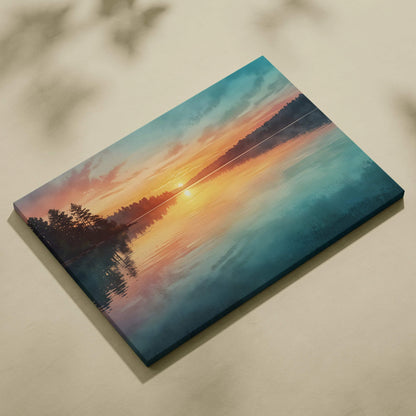 Watercolor sunset canvas wall art featuring vibrant orange and blue tones with silhouetted trees and lake reflection.
