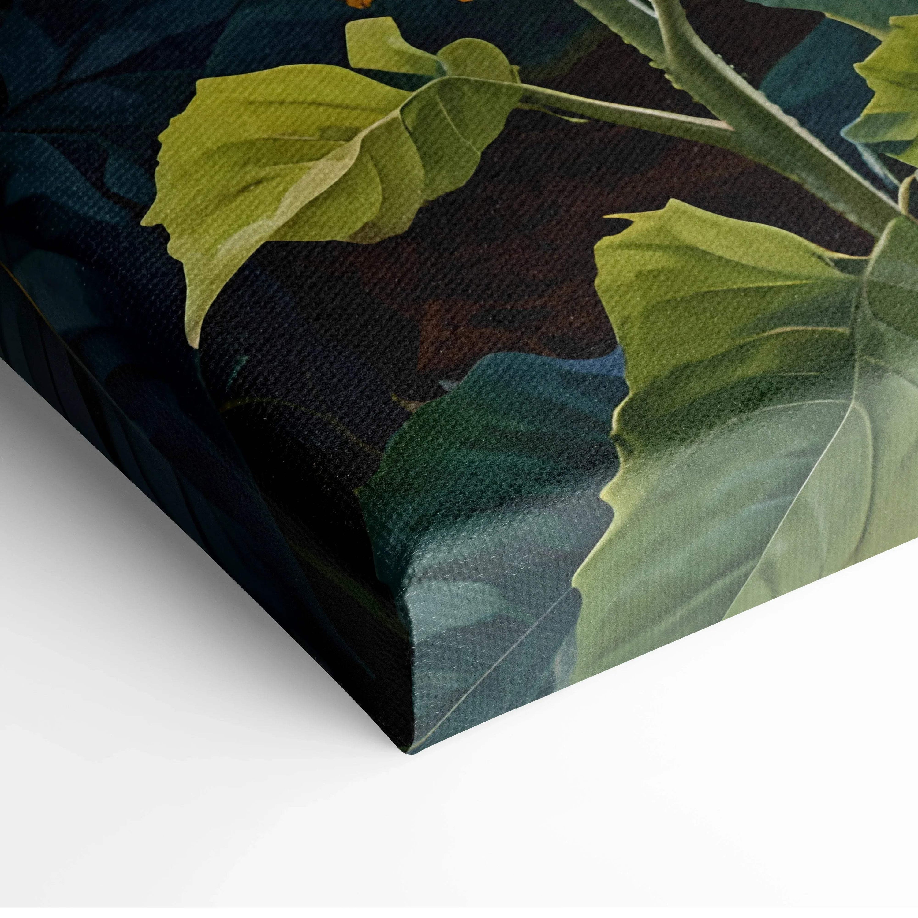 Close-up of vibrant floral canvas wall art featuring detailed green leaves with dark, textured background.