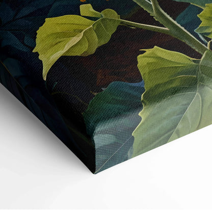 Close-up of vibrant floral canvas wall art featuring detailed green leaves with dark, textured background.