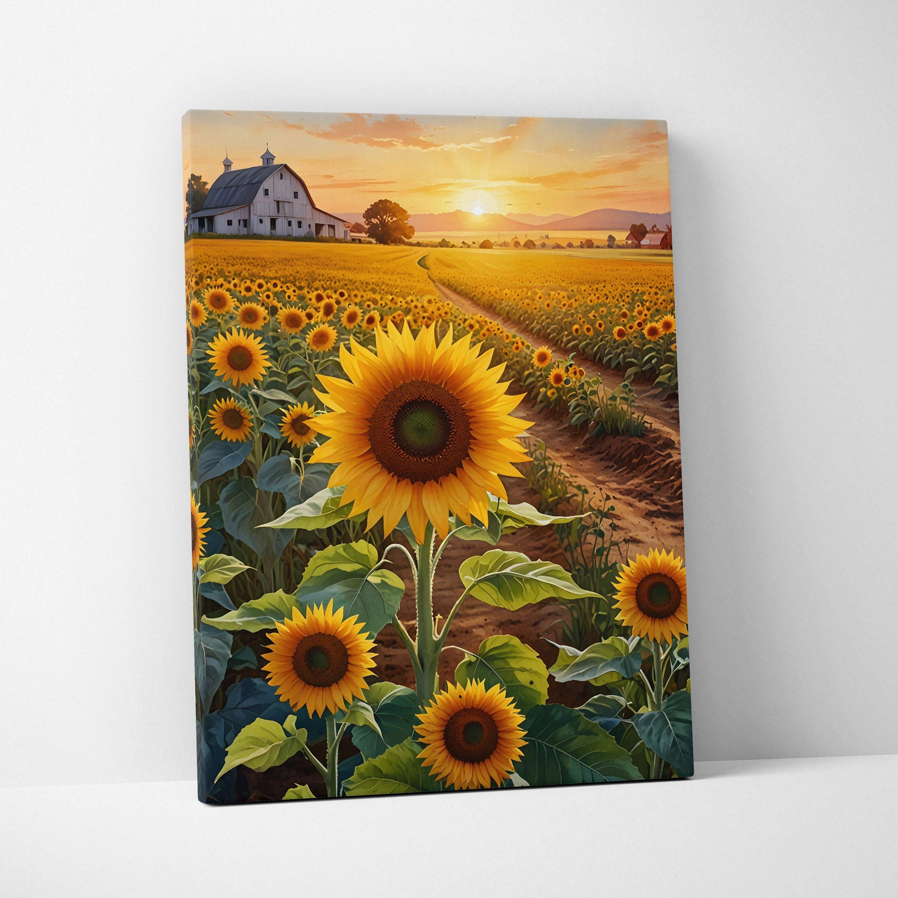 Canvas wall art featuring vibrant sunset over a sunflower field with a farmhouse in the background.
