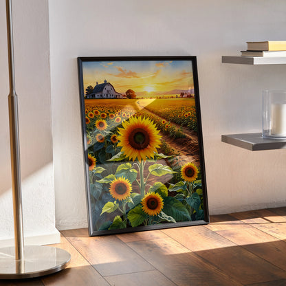 Vibrant floral sunset poster with sunflowers and barn, vertical wall art with warm golden tones.