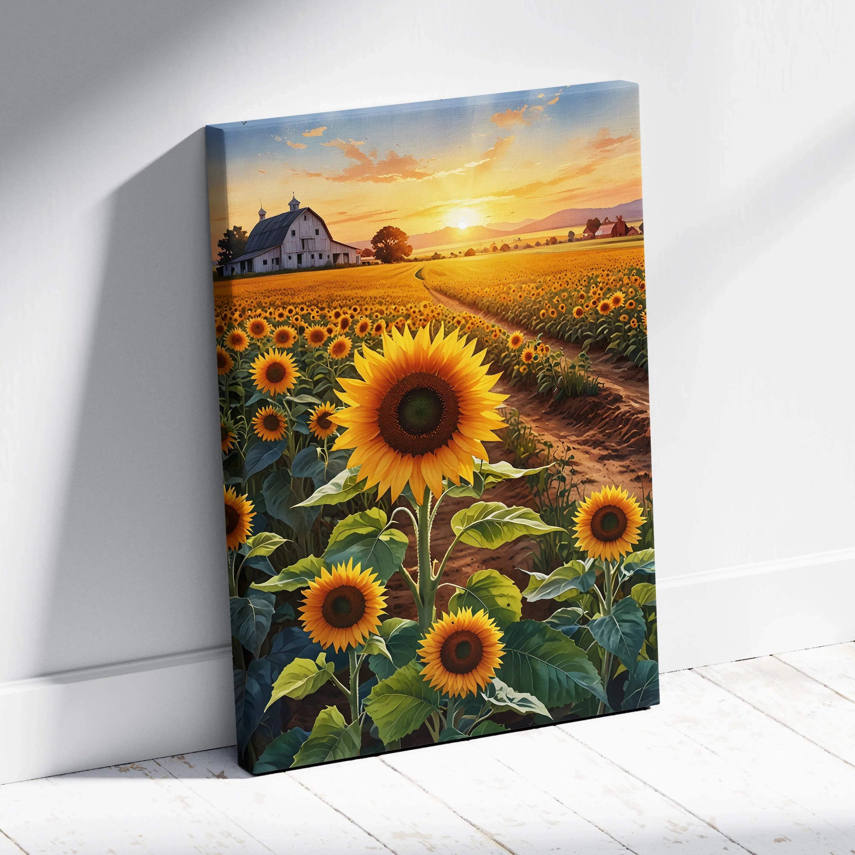 Sunset sunflower field canvas wall art with glowing sky and distant barn.