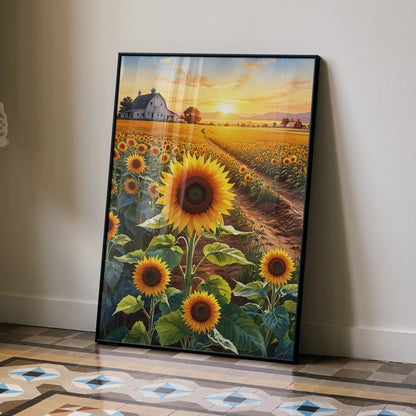 Vibrant floral sunset poster featuring sunflowers in a field with warm sky, framed wall art.