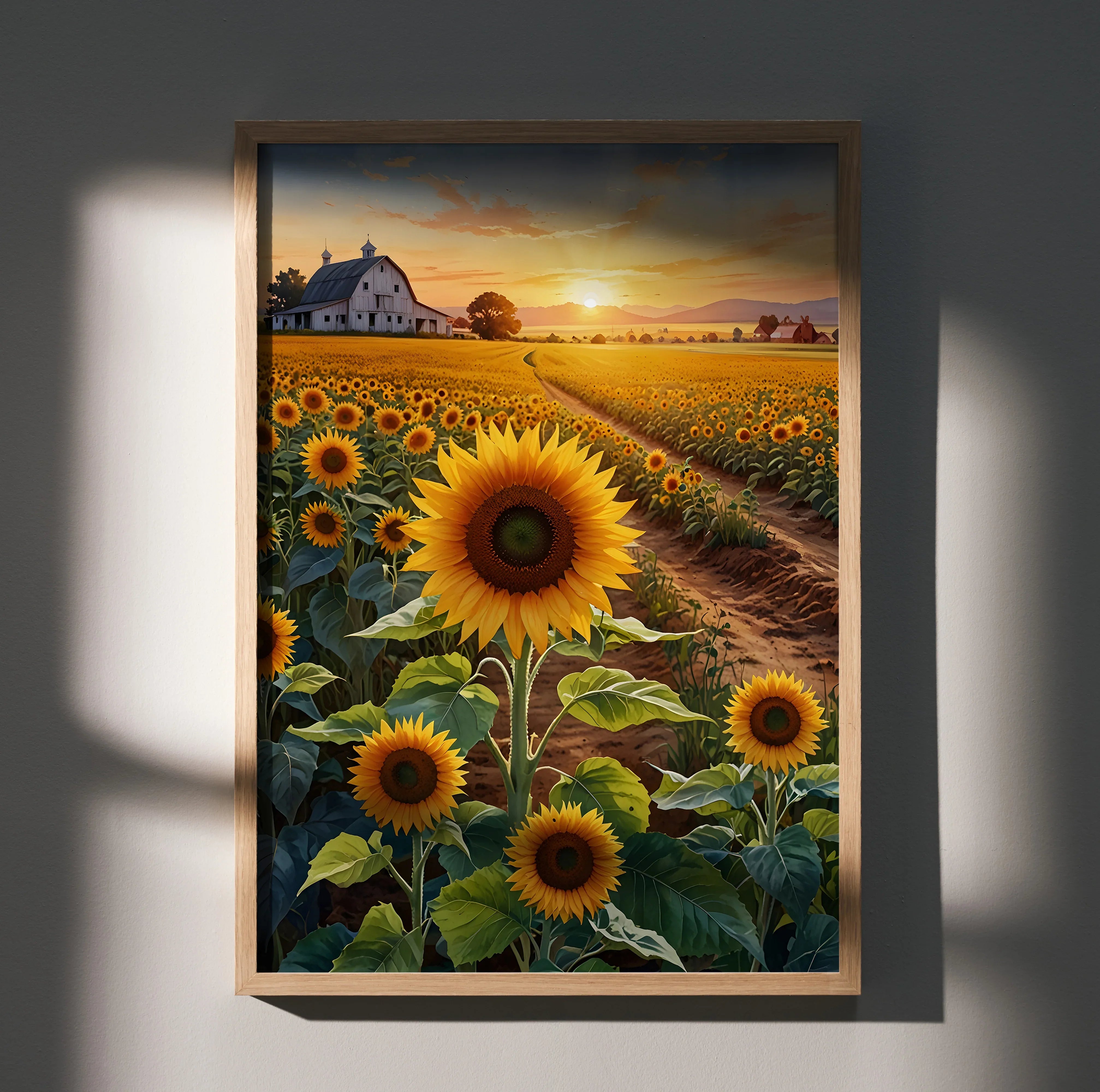 Floral sunset poster featuring vibrant sunflowers and a farmhouse at golden hour, vertical wall art.