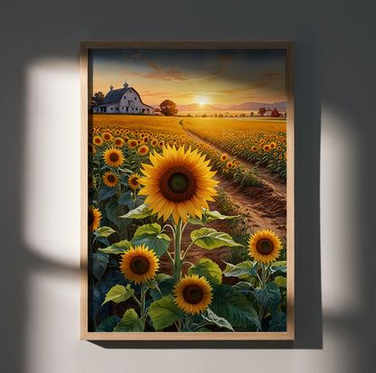 Floral sunset poster featuring vibrant sunflowers and a farmhouse at golden hour, vertical wall art.