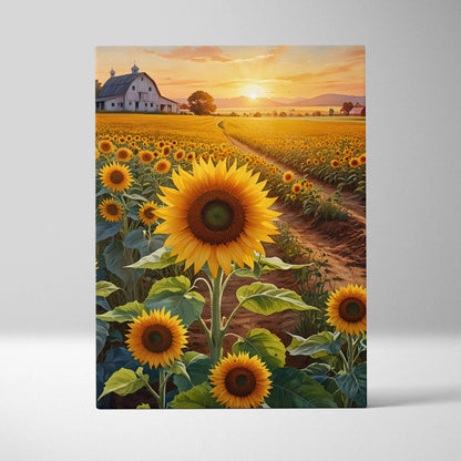 Canvas wall art featuring vibrant sunflowers with a glowing sunset over a rural farmhouse background.