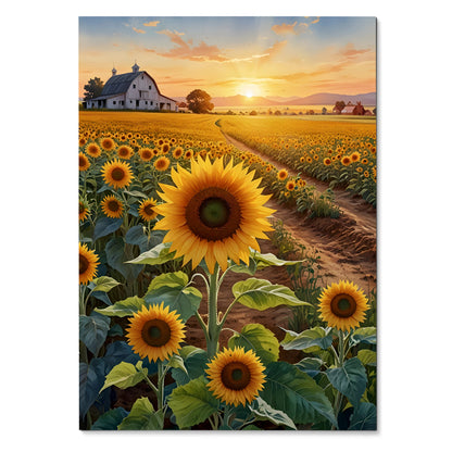 Vertical poster of vibrant sunflowers in a field at sunset, colorful floral wall art with a farmhouse background.