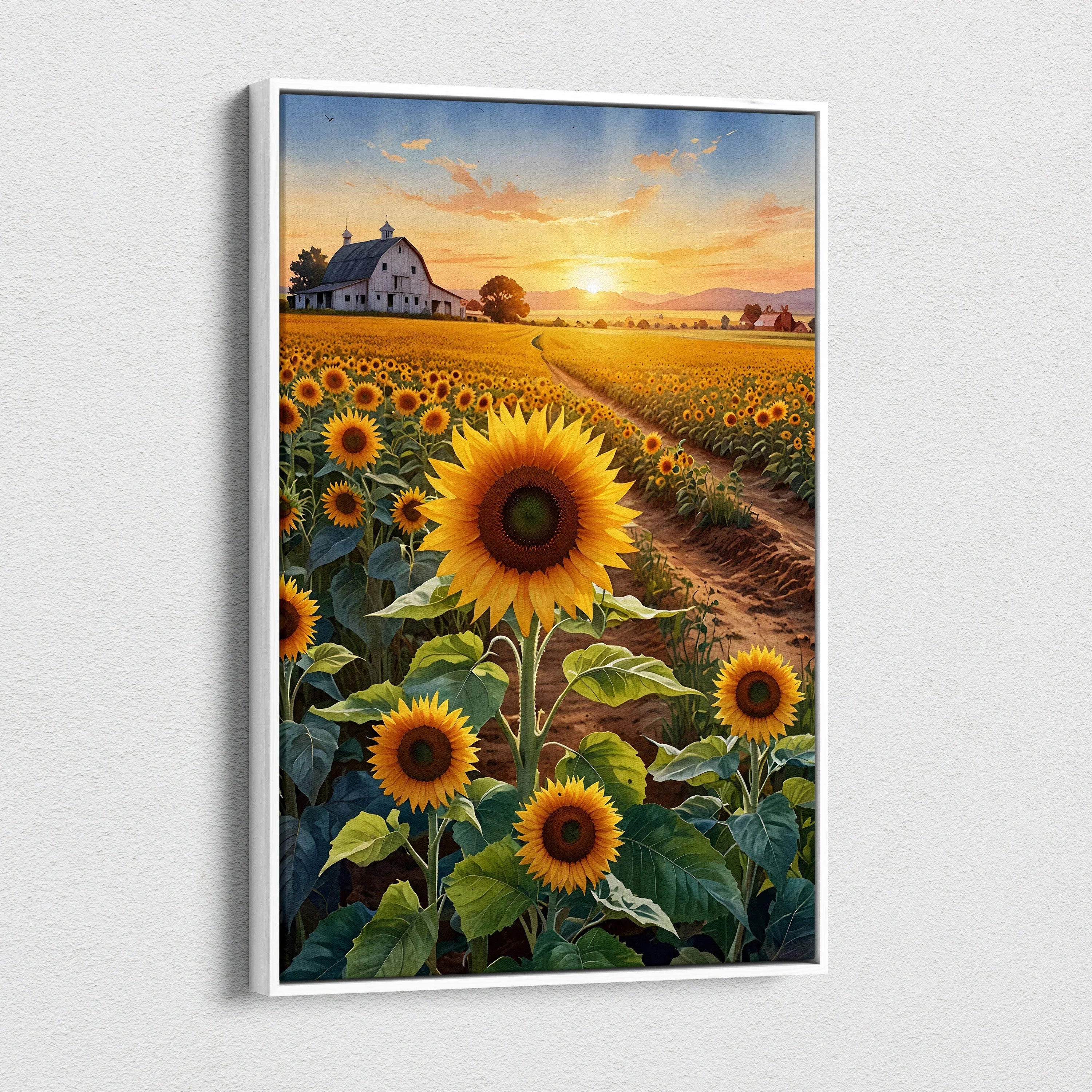 Sunset floral canvas wall art featuring vibrant sunflowers in a field with a farmhouse in the distance.