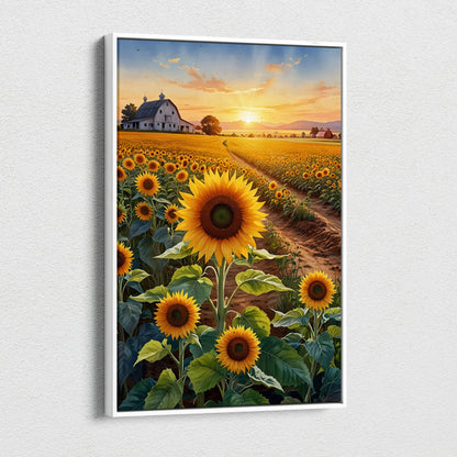 Sunset floral canvas wall art featuring vibrant sunflowers in a field with a farmhouse in the distance.