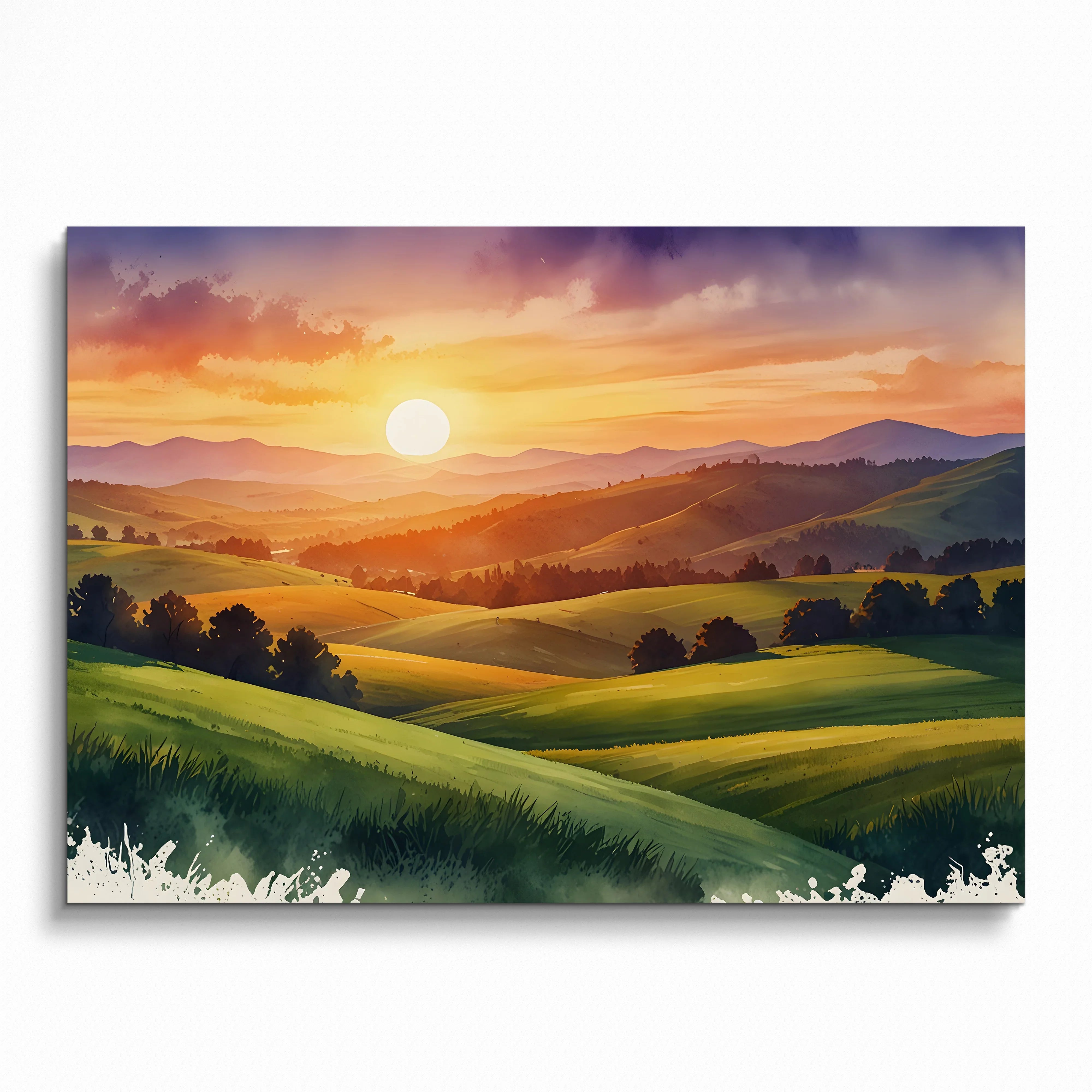 Vibrant sunset over rolling green mountains watercolor poster, nature wall art with glowing sun and purple sky.