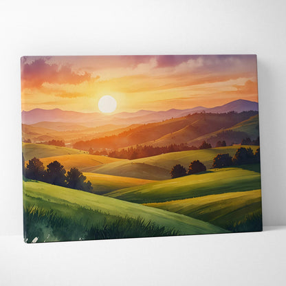 Sunset over rolling green mountains watercolor canvas wall art with warm orange sky.