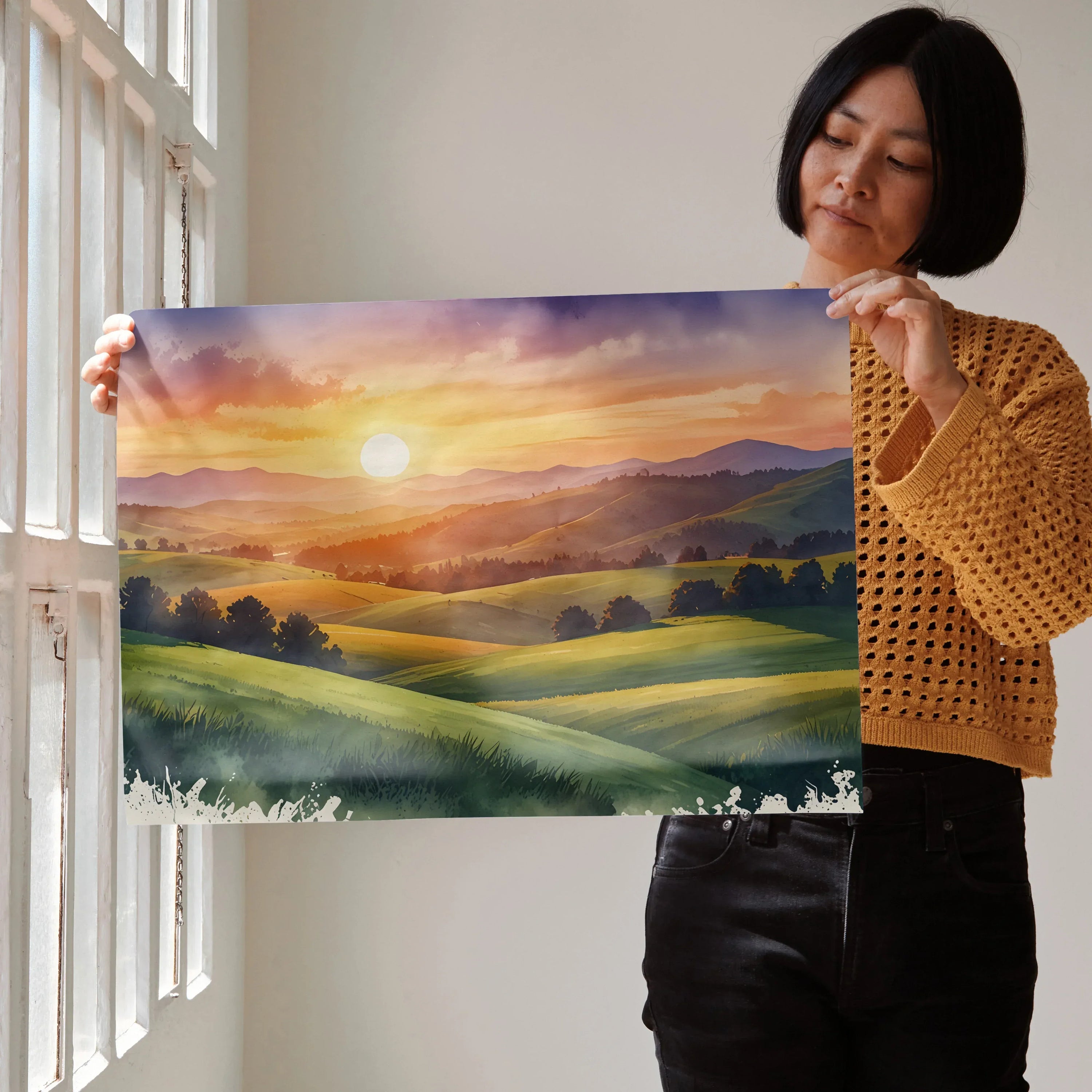 Colorful sunset mountains watercolor art poster with rolling hills and glowing sun, wall art print.