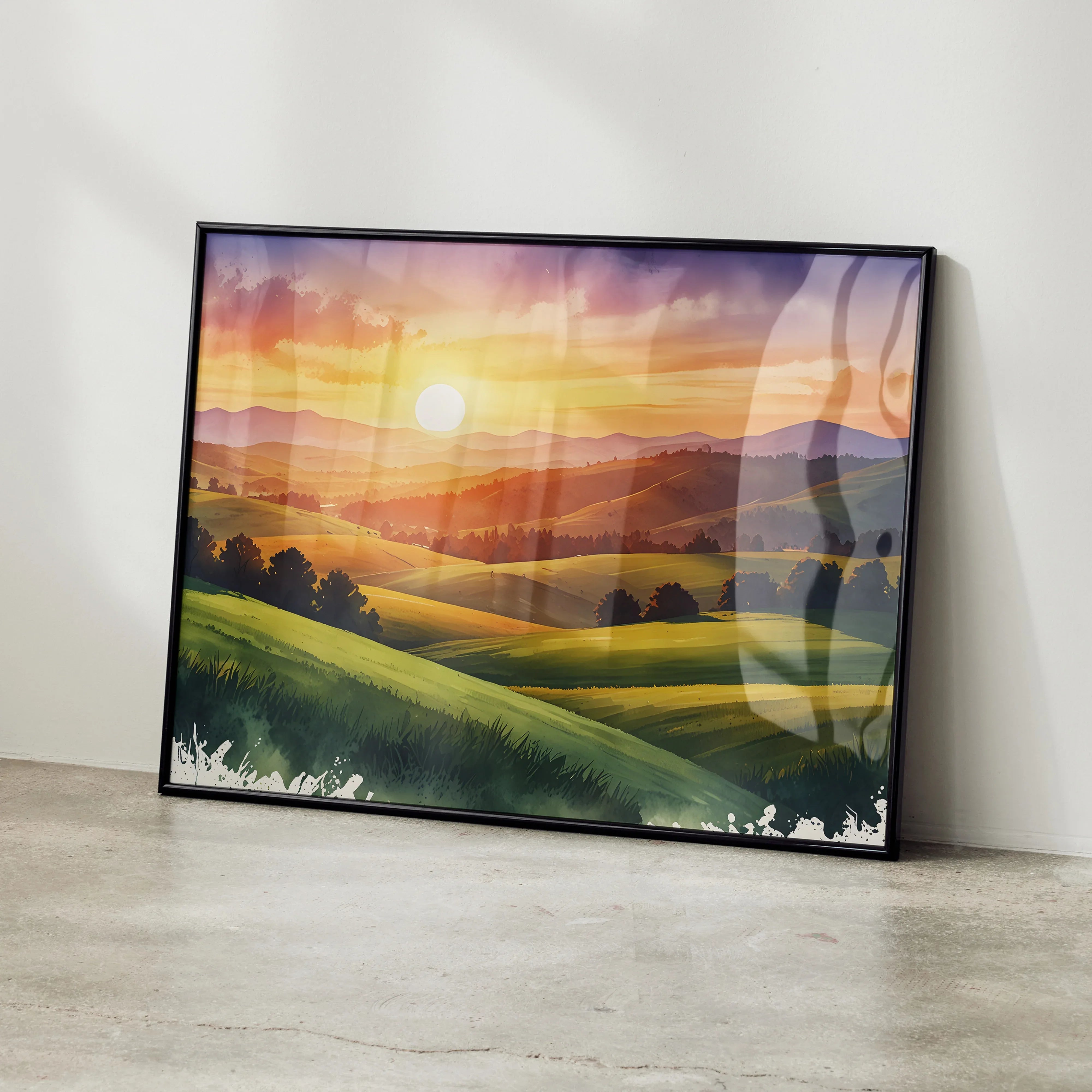 Watercolor poster of vibrant sunset over rolling mountains landscape wall art.