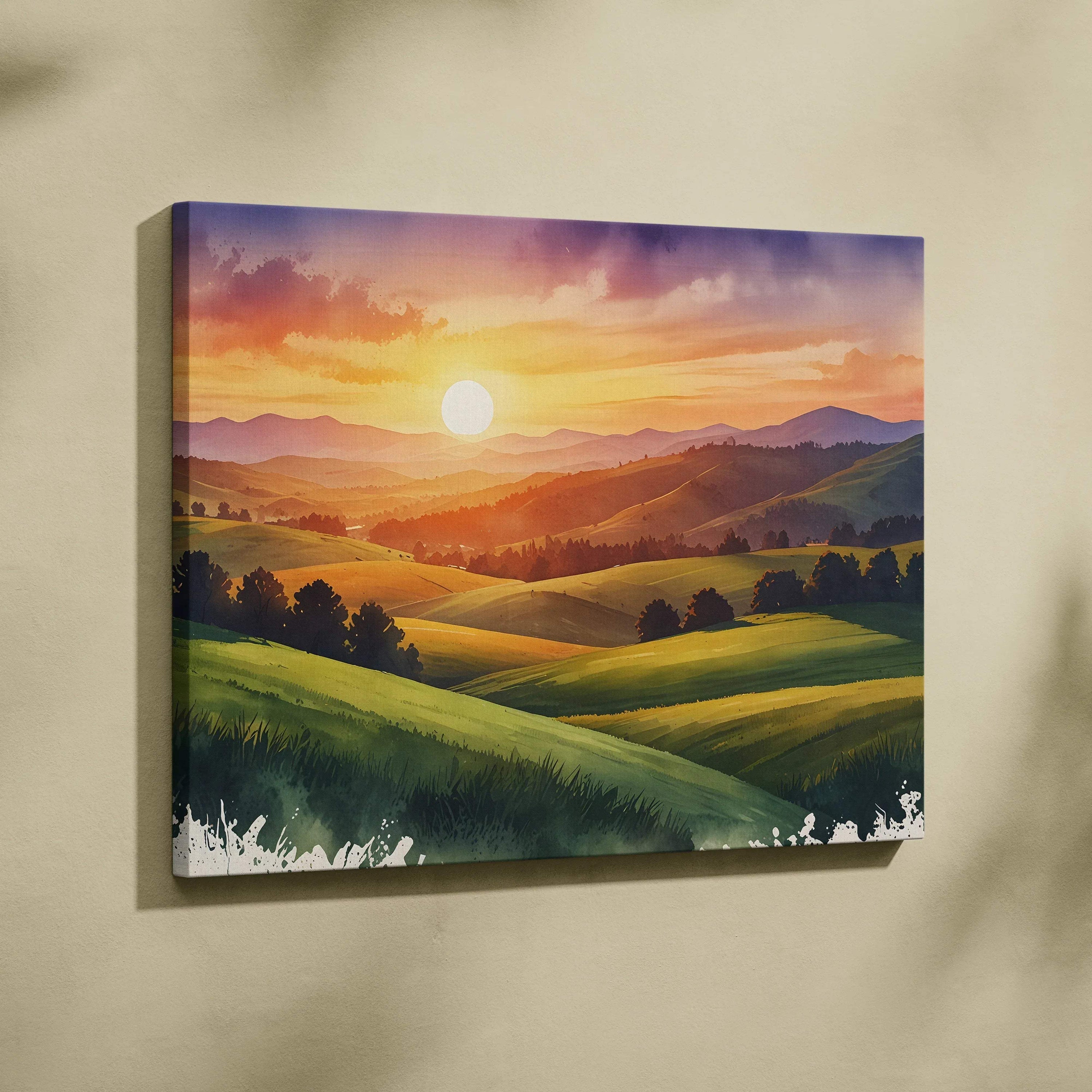Watercolor canvas wall art featuring vibrant sunset over rolling green mountains.