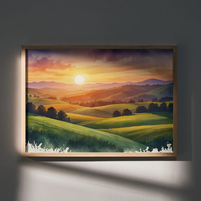 Sunset mountains wall art poster with vibrant watercolor hills and glowing sky.