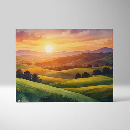Watercolor canvas wall art depicting vibrant sunset over layered mountain landscape with green rolling hills.