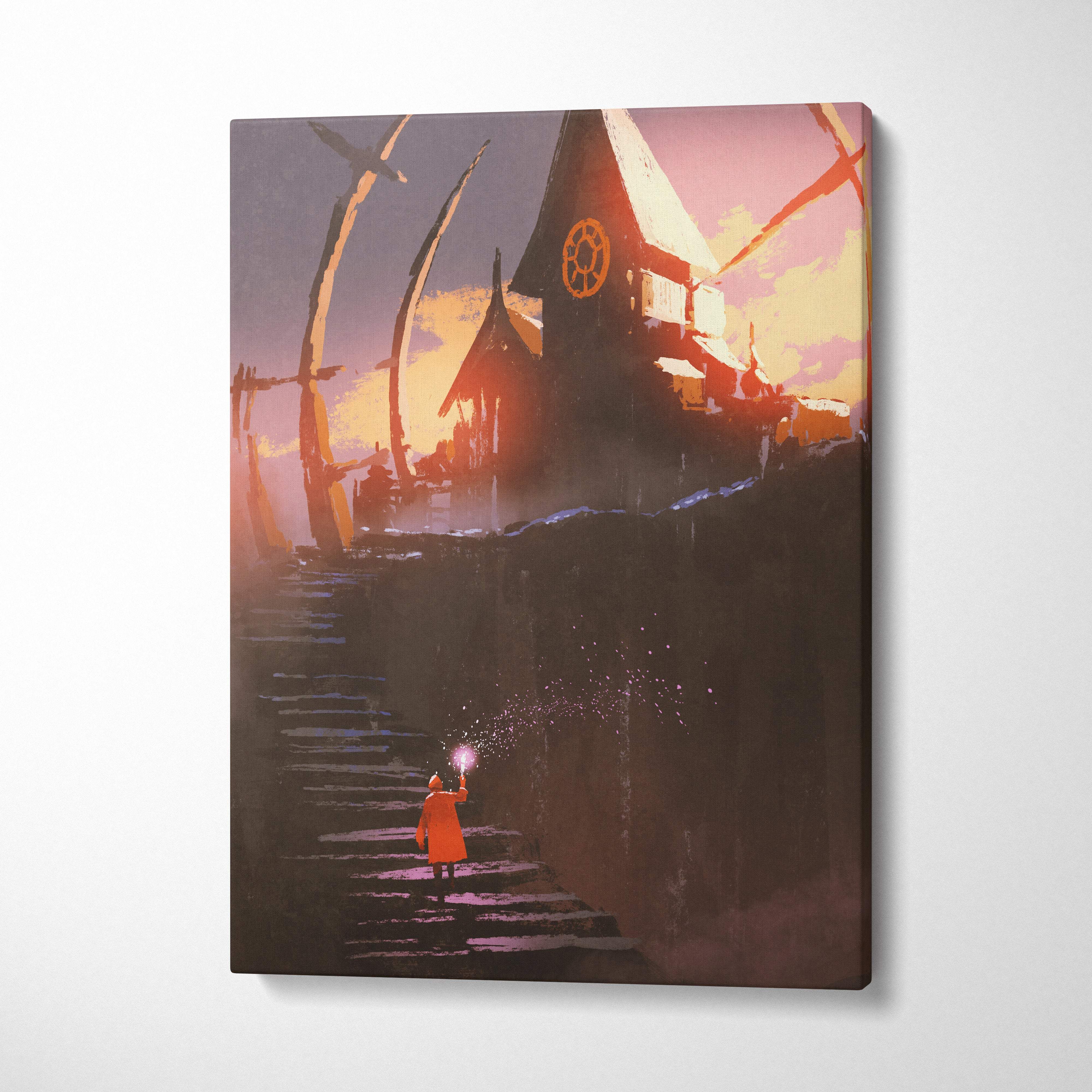Rectangular canvas print of a lone figure in an orange coat ascending stone steps to a gothic chapel under a moody orange sky