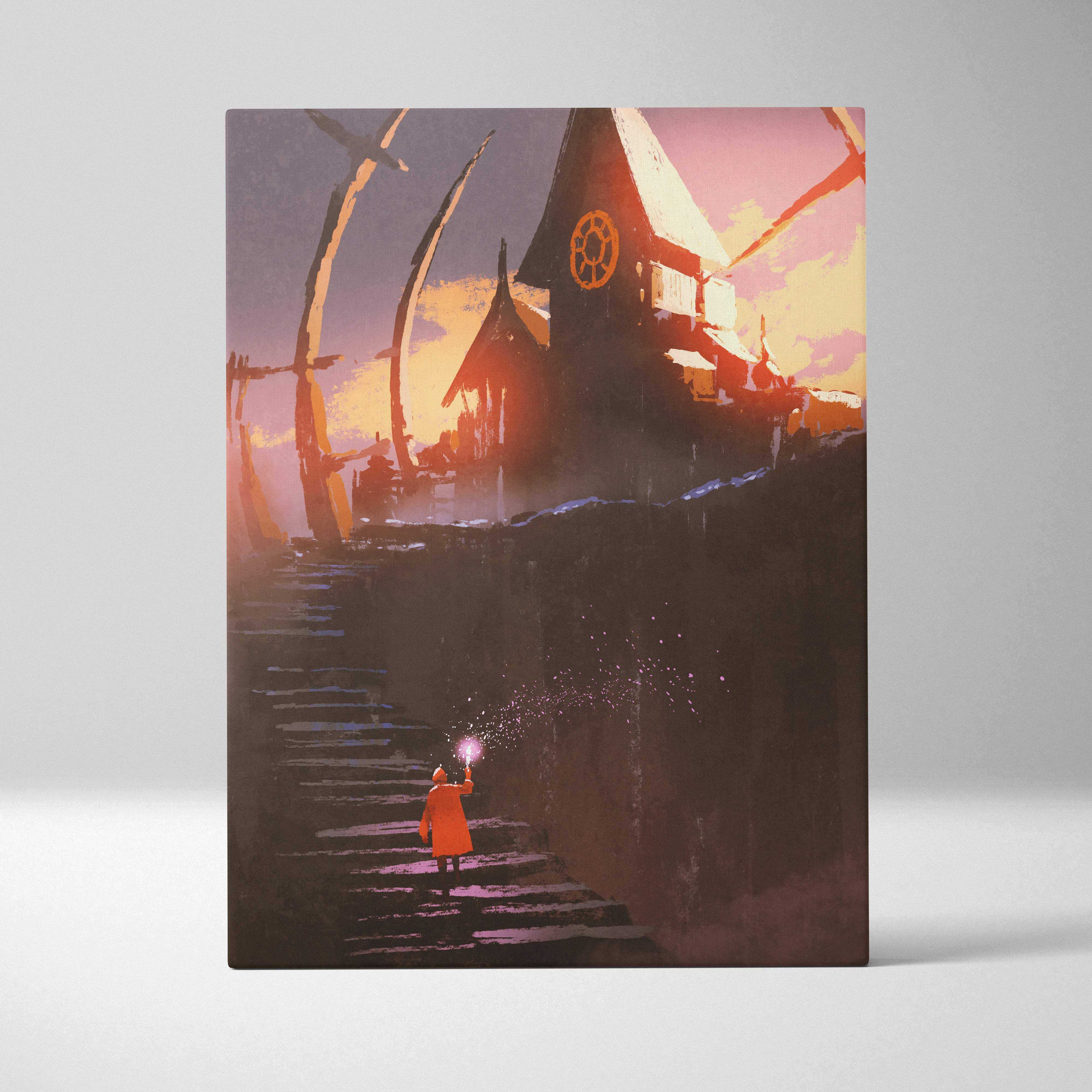 Rectangular canvas print of a fantasy scene with a child in an orange coat ascending steps to a dark chapel at sunset
