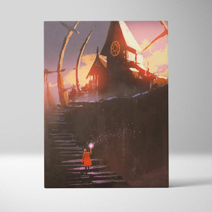 Rectangular canvas print of a fantasy scene with a child in an orange coat ascending steps to a dark chapel at sunset